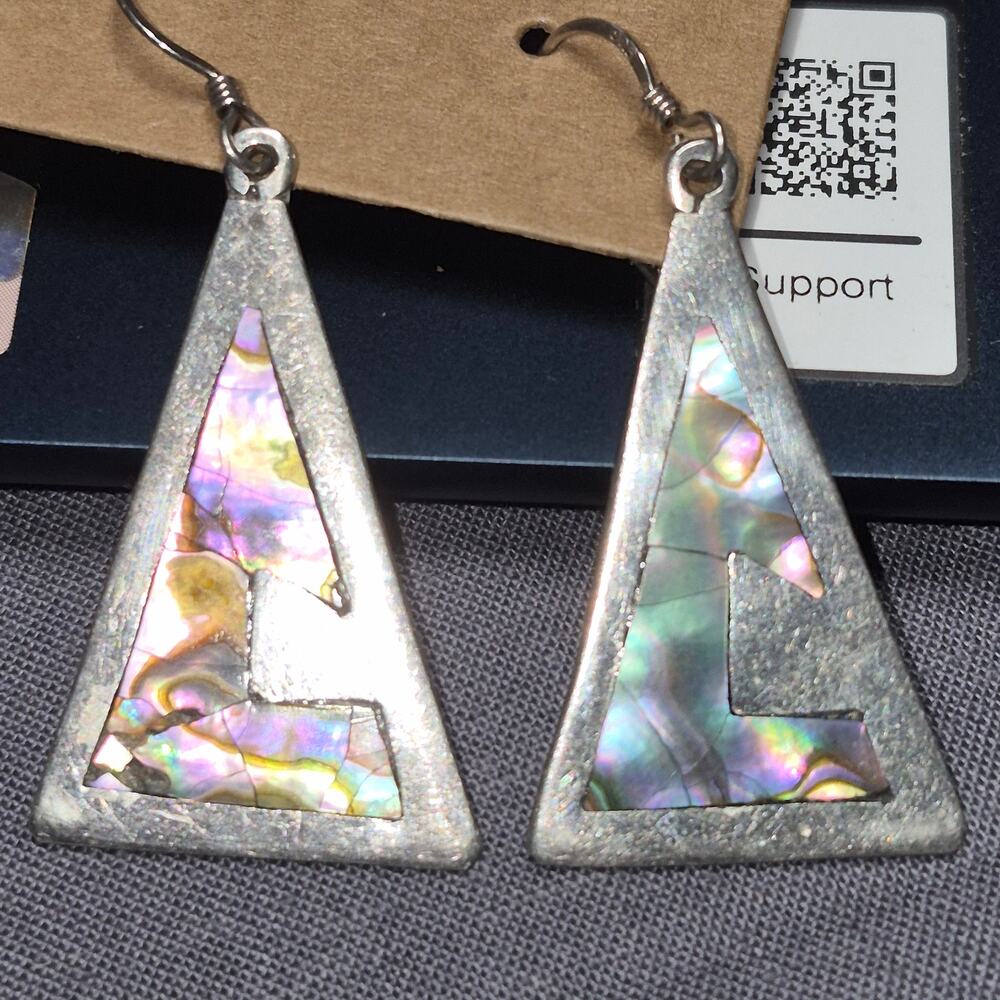 Vintage Taxco Mexican Silver Abalone Inlay Dangle Earrings Wire Hooks 7.8g